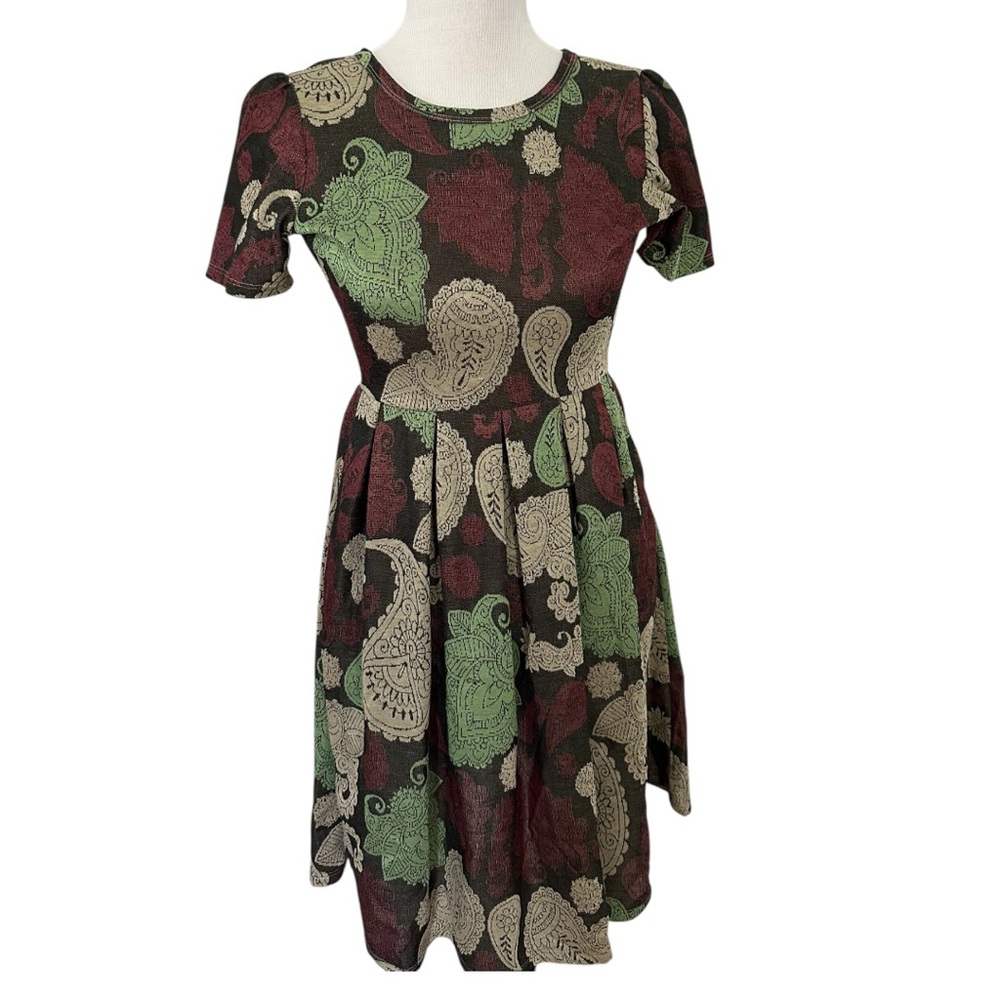 Vintage LuLaRoe Paisley XS Amelia Dress - Green Burgundy Taupe Brown New